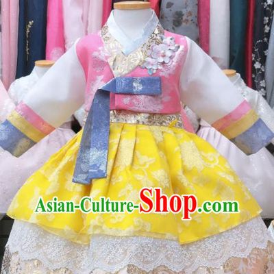 Asian Korea Children Garments Fashion Traditional Festival Hanbok Clothing Korean Girl Pink Blouse and Yellow Dress