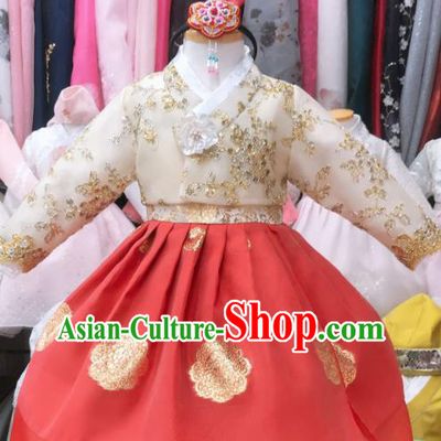 Asian Korea Children Princess Garments Fashion Traditional Birthday Hanbok Clothing Korean Girl Beige Blouse and Red Dress