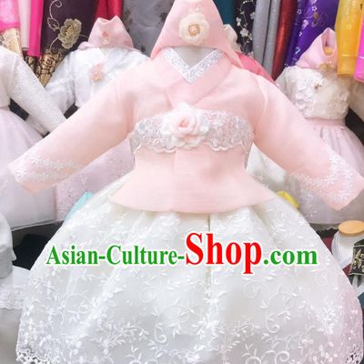 Asian Korean Traditional Birthday Hanbok Clothing Girl Pink Blouse and White Dress Korea Children Princess Garments Fashion