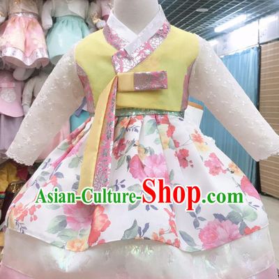 Korea Children Yellow Blouse and Printing Dress Asian Traditional Festival Garments Fashion Korean Hanbok Clothing