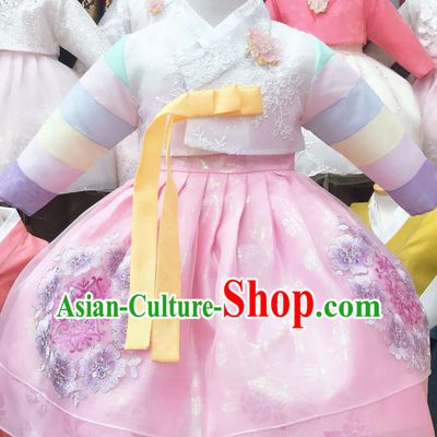Korean Hanbok Clothing Korea Children White Blouse and Pink Dress Asian Traditional Festival Garments Fashion