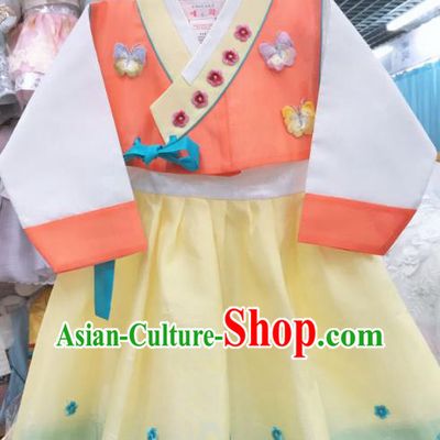 Asian Korea Traditional Fashion Garments Korean Court Princess Hanbok Clothing Girl Orange Blouse and Yellow Dress