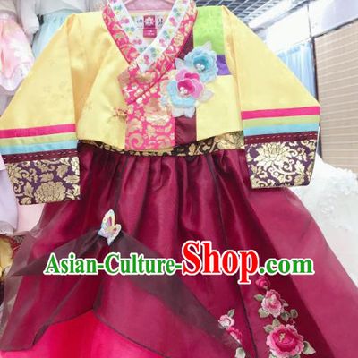 Asian Korea Girl Yellow Blouse and Wine Red Dress Traditional Fashion Garments Korean Court Princess Hanbok Clothing