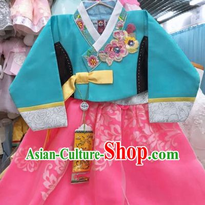 Asian Korea Court Hanbok Clothing Girl Performance Blue Blouse and Pink Dress Traditional Korean Fashion Garments