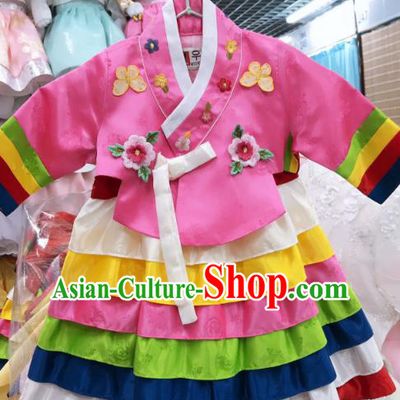 Asian Traditional Korean Princess Fashion Garments Korea Court Hanbok Clothing Girl Rosy Blouse and Dress