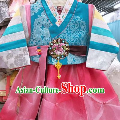 Asian Korea Court Hanbok Clothing Traditional Blue Blouse and Pink Dress Garments Korean Girl Princess Fashion