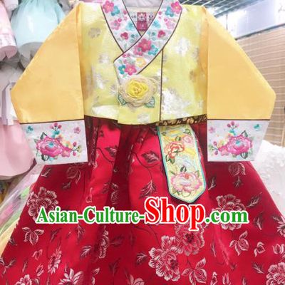 Asian Korean Children Princess Birthday Hanbok Clothing Girl Yellow Blouse and Red Dress Korea Traditional Garments Fashion