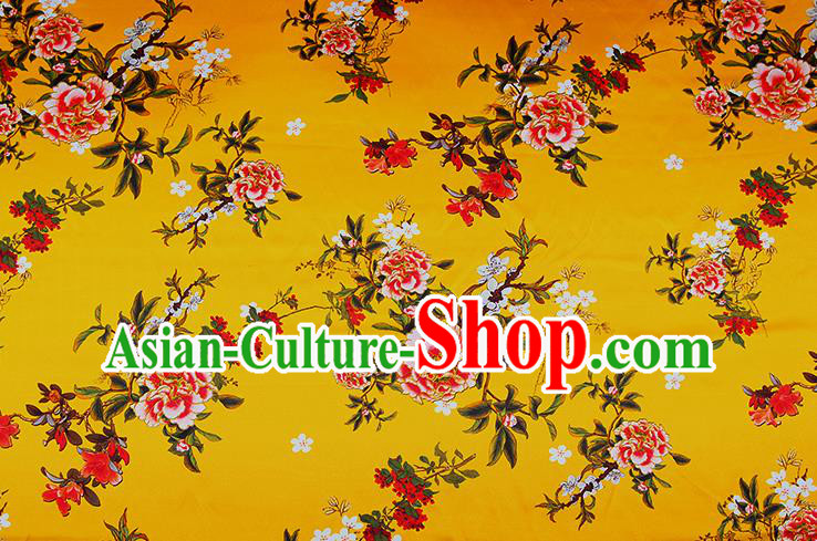 China Classical Printing Peony Cloth Yellow Satin Drapery Traditional Cheongsam Silk Fabric China Classical Printing Peony Cloth Yellow Satin Drapery Traditional Cheongsam Silk Fabric
