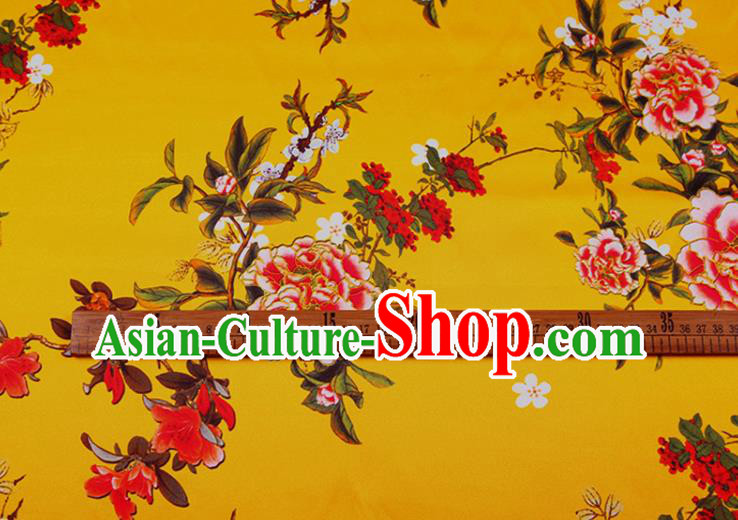 China Classical Printing Peony Cloth Yellow Satin Drapery Traditional Cheongsam Silk Fabric China Classical Printing Peony Cloth Yellow Satin Drapery Traditional Cheongsam Silk Fabric