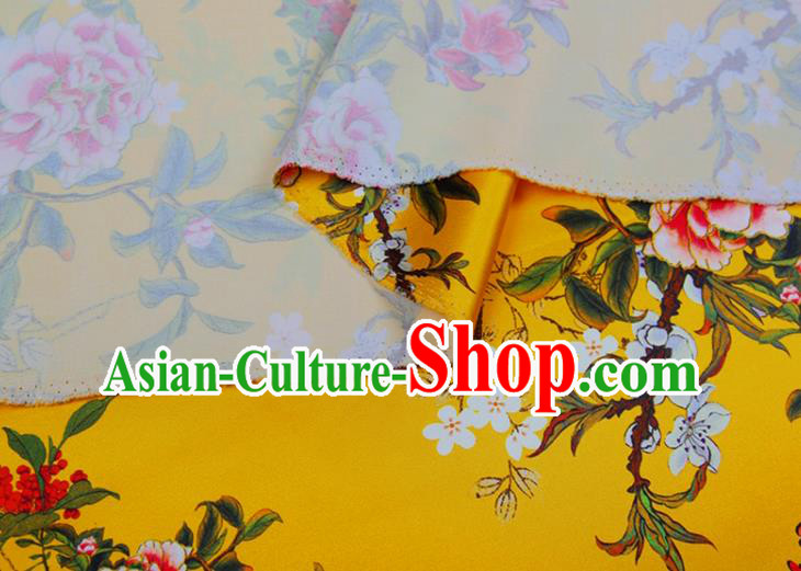 China Classical Printing Peony Cloth Yellow Satin Drapery Traditional Cheongsam Silk Fabric China Classical Printing Peony Cloth Yellow Satin Drapery Traditional Cheongsam Silk Fabric