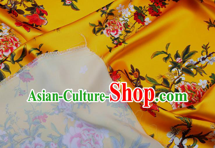 China Classical Printing Peony Cloth Yellow Satin Drapery Traditional Cheongsam Silk Fabric China Classical Printing Peony Cloth Yellow Satin Drapery Traditional Cheongsam Silk Fabric