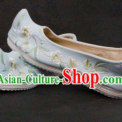 Chinese Ancient Princess Hanfu Shoes Traditional Ming Dynasty Blue Cloth Shoes Embroidered Shoes
