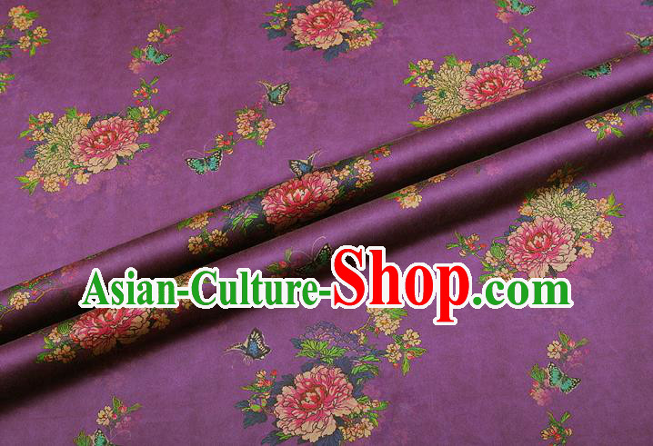 China Silk Fabric Classical Cheongsam Gambiered Guangdong Gauze Traditional Peony Pattern Purple Brocade Drapery China Silk Fabric Classical Cheongsam Gambiered Guangdong Gauze Traditional Peony Pattern Purple Brocade Drapery