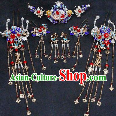 China Traditional Wedding Bride Headwear Ancient Bride Blueing Hair Comb and Tassel Hairpins