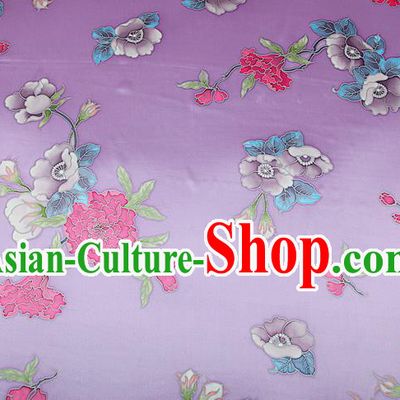 China Traditional Peony Pattern Lilac Brocade Printing Silk Fabric Classical Cheongsam Satin Drapery