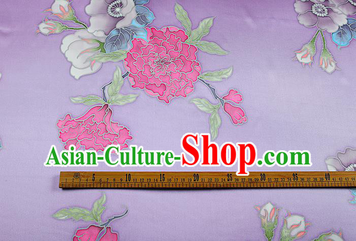 China Traditional Peony Pattern Lilac Brocade Printing Silk Fabric Classical Cheongsam Satin Drapery China Traditional Peony Pattern Lilac Brocade Printing Silk Fabric Classical Cheongsam Satin Drapery