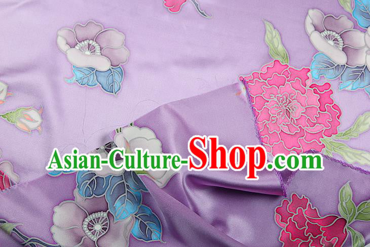 China Traditional Peony Pattern Lilac Brocade Printing Silk Fabric Classical Cheongsam Satin Drapery China Traditional Peony Pattern Lilac Brocade Printing Silk Fabric Classical Cheongsam Satin Drapery