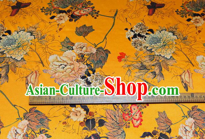 China Classical Cheongsam Printing Peony Yellow Satin Drapery Traditional Brocade Silk Fabric China Classical Cheongsam Printing Peony Yellow Satin Drapery Traditional Brocade Silk Fabric