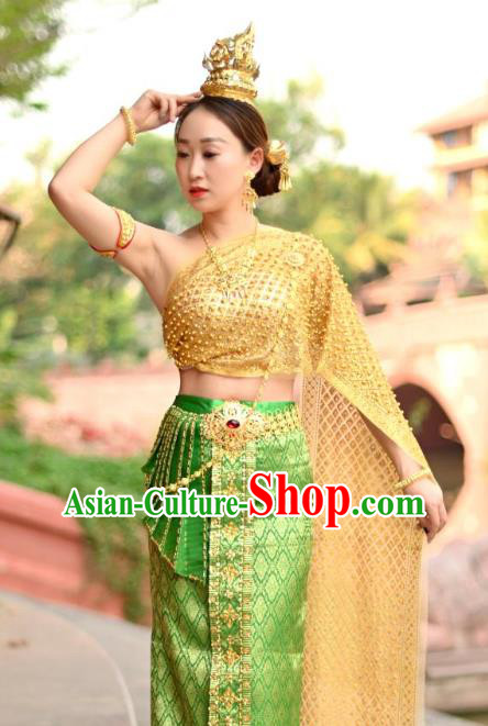 Asian Thai Female Folk Dance Embroidery Beads Uniforms Clothing Thailand Princess Green Dress Asian Thai Female Folk Dance Embroidery Beads Uniforms Clothing Thailand Princess Green Dress