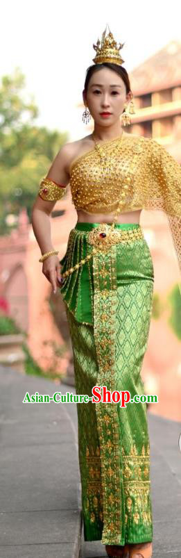 Asian Thai Female Folk Dance Embroidery Beads Uniforms Clothing Thailand Princess Green Dress Asian Thai Female Folk Dance Embroidery Beads Uniforms Clothing Thailand Princess Green Dress