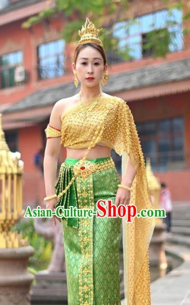Asian Thai Female Folk Dance Embroidery Beads Uniforms Clothing Thailand Princess Green Dress Asian Thai Female Folk Dance Embroidery Beads Uniforms Clothing Thailand Princess Green Dress