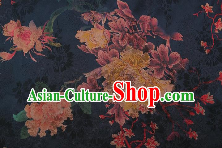 China Classical Cheongsam Peony Pattern Brocade Navy Gambiered Guangdong Gauze Traditional Silk Fabric China Classical Cheongsam Peony Pattern Brocade Navy Gambiered Guangdong Gauze Traditional Silk Fabric