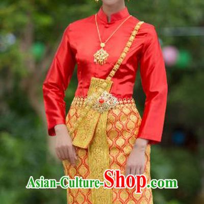 Asian Thai Woman Stage Performance Clothing Traditional Thailand Court Princess Red Blouse and Skirt Uniforms