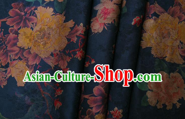 China Classical Cheongsam Peony Pattern Brocade Navy Gambiered Guangdong Gauze Traditional Silk Fabric China Classical Cheongsam Peony Pattern Brocade Navy Gambiered Guangdong Gauze Traditional Silk Fabric