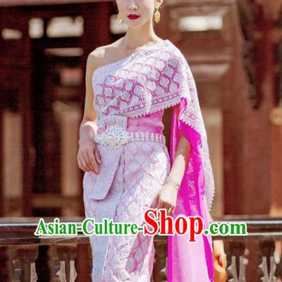 Asian Thai Folk Dance Clothing Traditional Thailand Court Princess Rosy Dress Uniforms