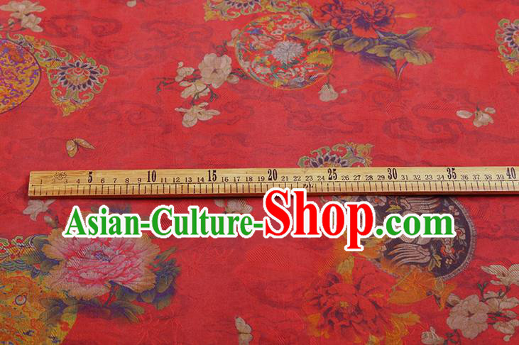 China Classical Wedding Dress Red Brocade Traditional Peony Pattern Gambiered Guangdong Gauze Silk Fabric China Classical Wedding Dress Red Brocade Traditional Peony Pattern Gambiered Guangdong Gauze Silk Fabric