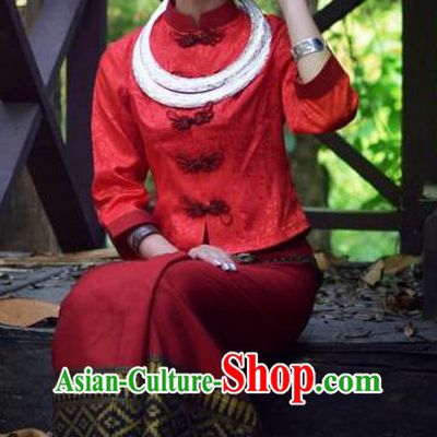 China Dai Nationality Minority Bride Clothing Yunnan Ethnic Wedding Red Blouse and Skirt Uniforms