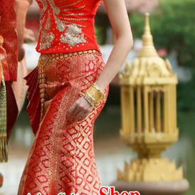 Asian Thai Bride Dress Clothing Wedding Uniforms Traditional Thailand Embroidery Sequins Red Blouse and Trailing Skirt