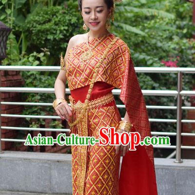 Asian Thai Wedding Uniforms Traditional Thailand Red Blouse and Skirt Bride Dress Clothing