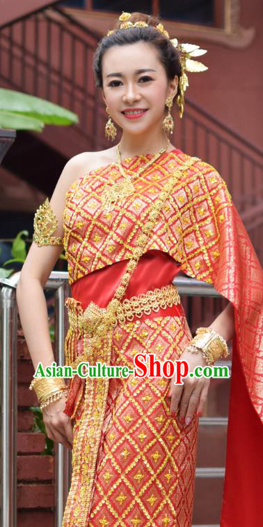 Asian Thai Wedding Uniforms Traditional Thailand Red Blouse and Skirt Bride Dress Clothing Asian Thai Wedding Uniforms Traditional Thailand Red Blouse and Skirt Bride Dress Clothing
