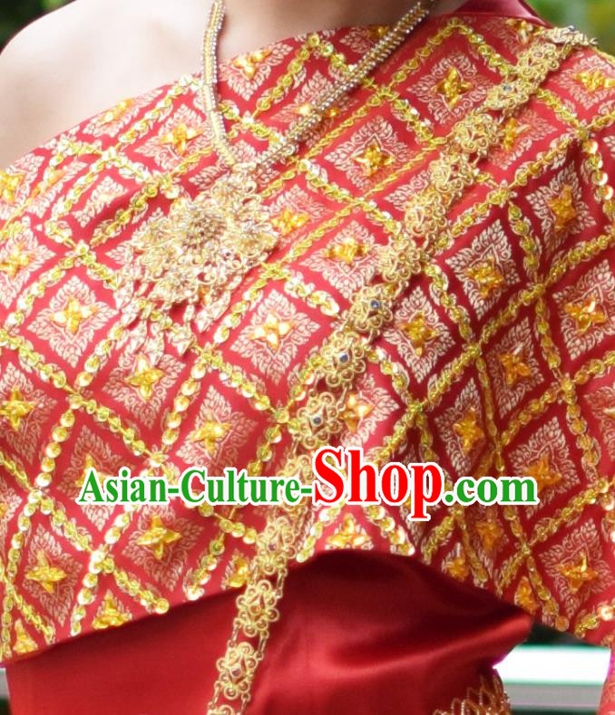 Asian Thai Wedding Uniforms Traditional Thailand Red Blouse and Skirt Bride Dress Clothing Asian Thai Wedding Uniforms Traditional Thailand Red Blouse and Skirt Bride Dress Clothing