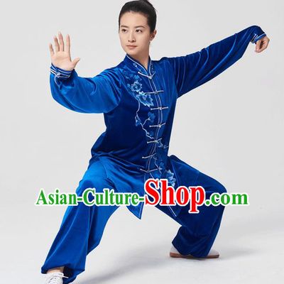 China Tai Chi Kung Fu Costumes Traditional Martial Arts Embroidered Royalblue Velvet Uniforms