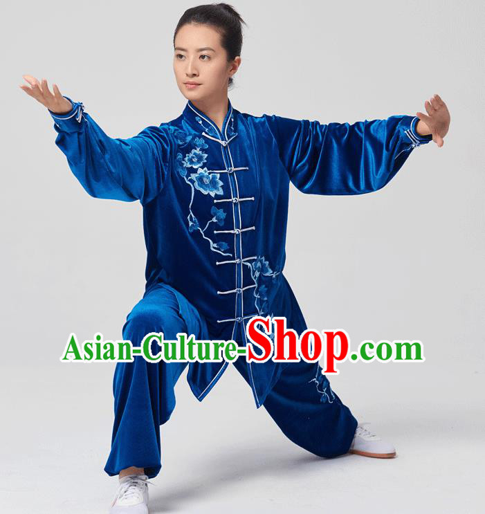 China Tai Chi Kung Fu Costumes Traditional Martial Arts Embroidered Royalblue Velvet Uniforms China Tai Chi Kung Fu Costumes Traditional Martial Arts Embroidered Royalblue Velvet Uniforms