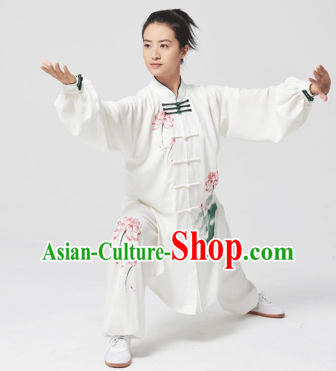 China Tai Chi Painting Lotus Costumes Traditional Kung Fu White Flax Uniforms China Tai Chi Painting Lotus Costumes Traditional Kung Fu White Flax Uniforms