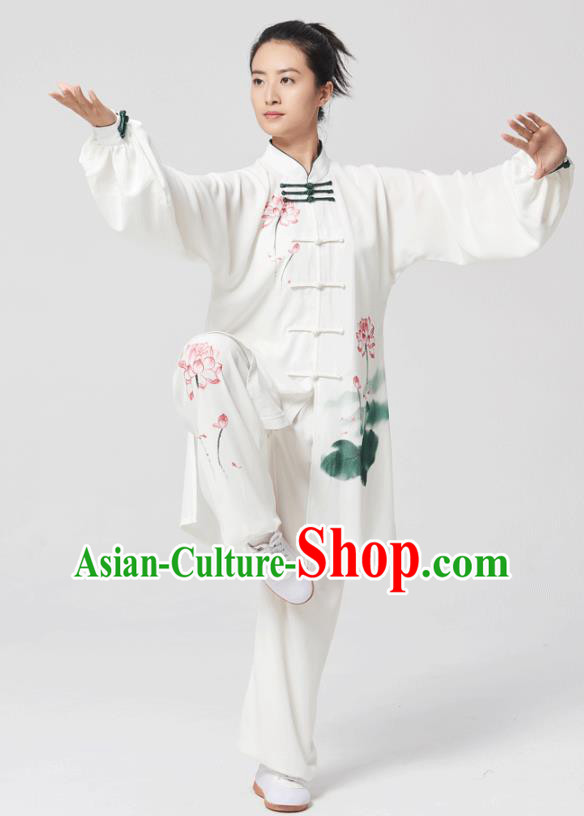 China Tai Chi Painting Lotus Costumes Traditional Kung Fu White Flax Uniforms China Tai Chi Painting Lotus Costumes Traditional Kung Fu White Flax Uniforms