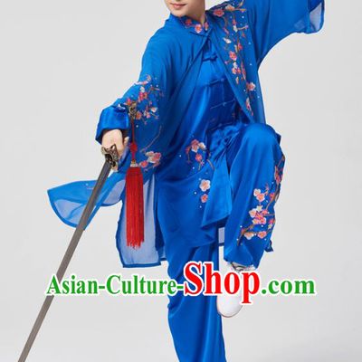 China Traditional Kung Fu Embroidered Phoenix Royalblue Uniforms Tai Chi Three Pieces Costumes
