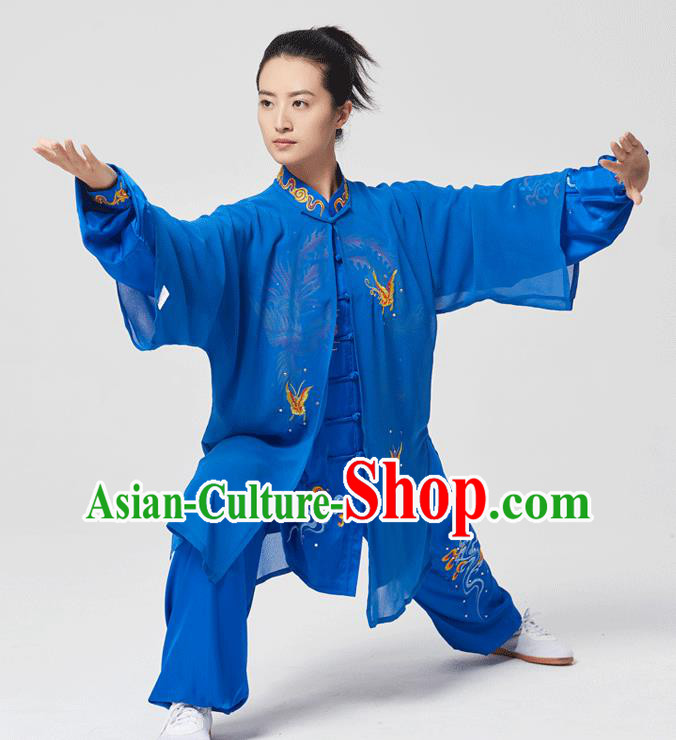 China Traditional Kung Fu Embroidered Phoenix Royalblue Uniforms Tai Chi Three Pieces Costumes China Traditional Kung Fu Embroidered Phoenix Royalblue Uniforms Tai Chi Three Pieces Costumes
