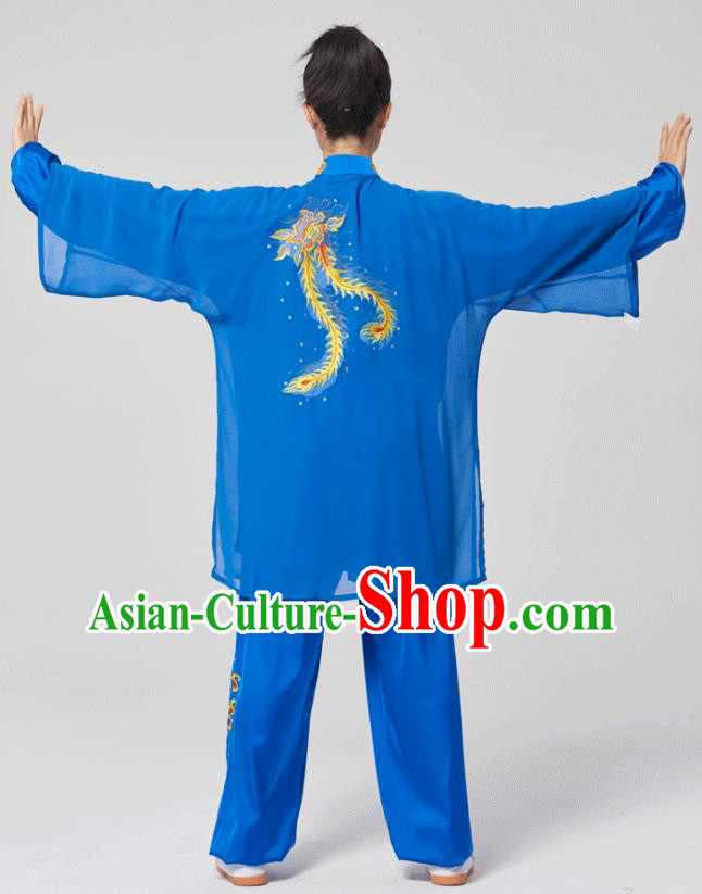China Traditional Kung Fu Embroidered Phoenix Royalblue Uniforms Tai Chi Three Pieces Costumes China Traditional Kung Fu Embroidered Phoenix Royalblue Uniforms Tai Chi Three Pieces Costumes