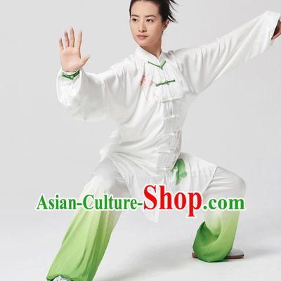 China Traditional Kung Fu Performance Uniforms Tai Chi Hand Painting Lotus White Costumes