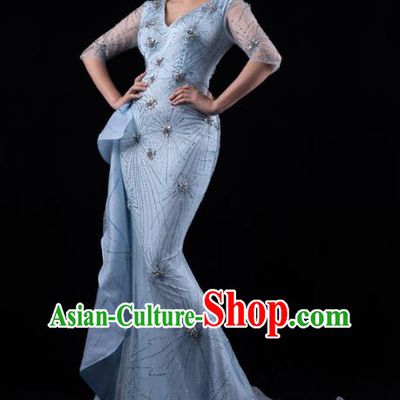 Top Grade Catwalks Blue Trailing Dress Stage Performance Costume Fishtail Dress