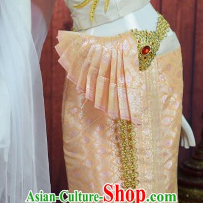 Asian Thai Wedding Bride Uniforms Embroidery White Blouse and Champagne Skirt Traditional Thailand Court Dress Clothing