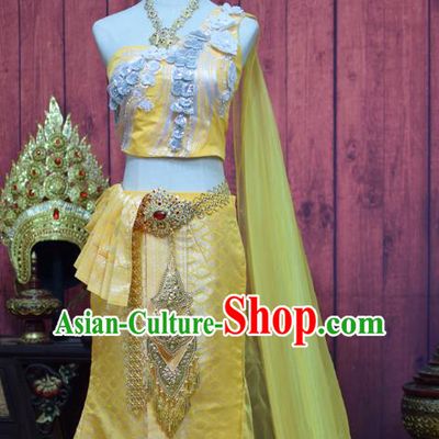 Traditional Thailand Embroidery Blouse and Yellow Skirt Court Dress Clothing Asian Thai Wedding Bride Uniforms