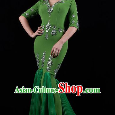 Top Grade Catwalks Green Trailing Dress Stage Performance Costume Annual Meeting Compere Full Dress