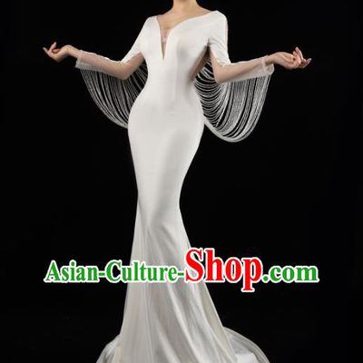 Top Grade Catwalks White Satin Fishtail Dress Stage Performance Costume Annual Meeting Compere Beads Tassel Full Dress