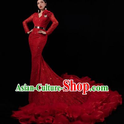 Top Grade Annual Meeting Compere Full Dress Catwalks Red Veil Long Trailing Dress Stage Performance Costume