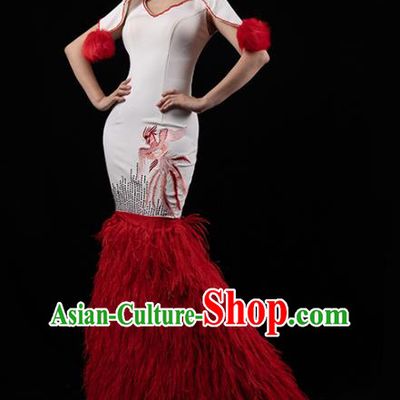 Top Grade Catwalks Red Feather Fishtail Dress Annual Meeting Compere Full Dress Stage Show Clothing
